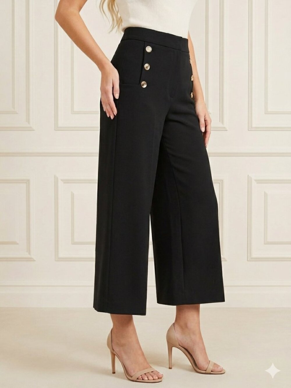 dRA Los Angeles Black Wide Leg Sailor Pants Gold Buttons Size M